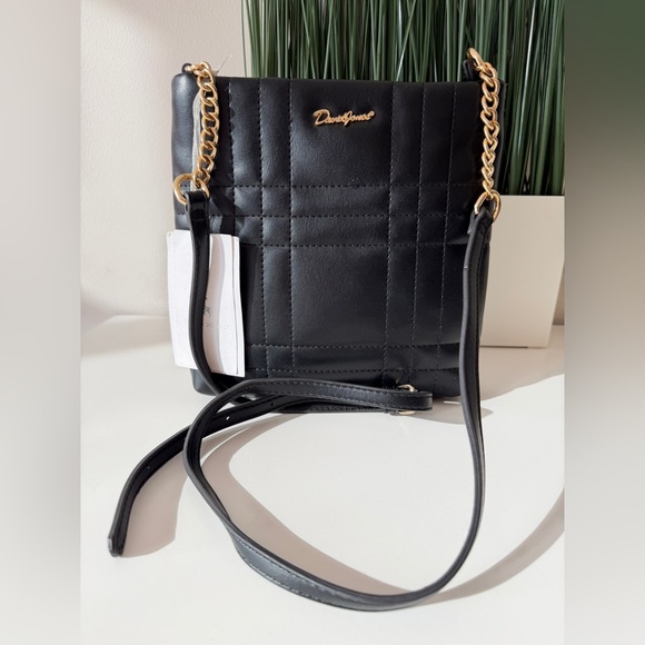 David Jones Black Quilted Leather Crossbody Bag Gold Chain Strap NEW - Picture 2 of 8